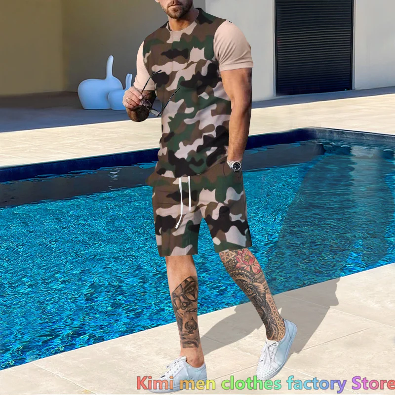 Camouflage 3D Printing T-Shirt Shorts Set Summer Men Set Suit 2 Piece Set Outfits Male Beach Style Streetwear Men's Tracksuit