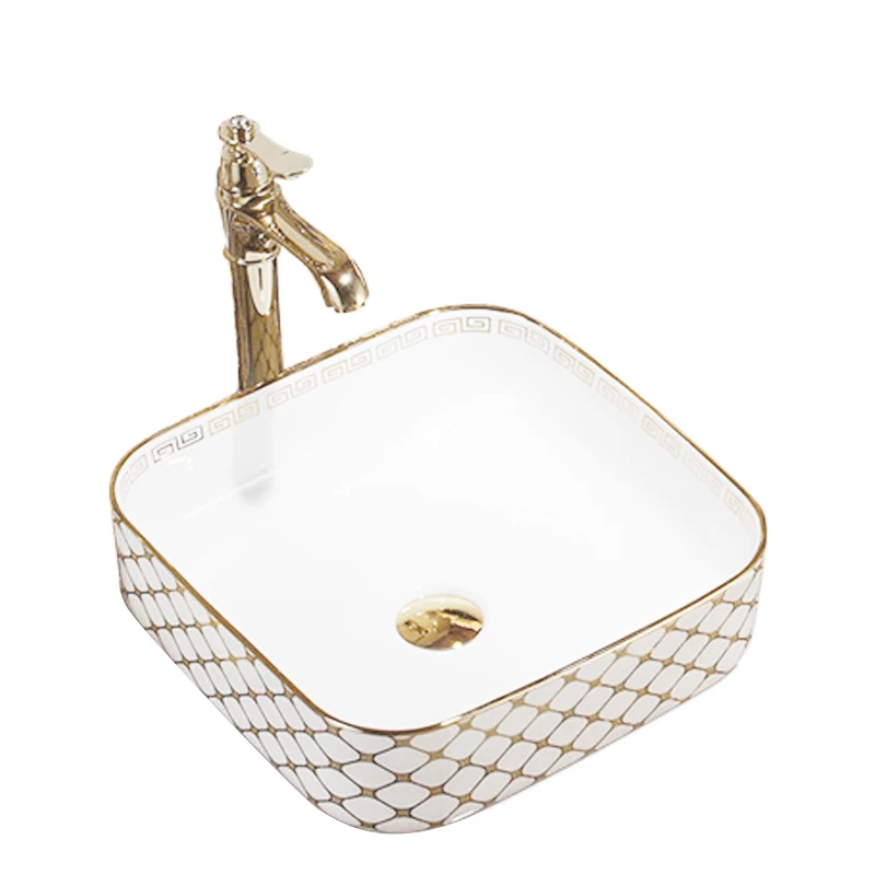 Lavabo Rectangular de lujo para baño, decoración de lavabo dorado