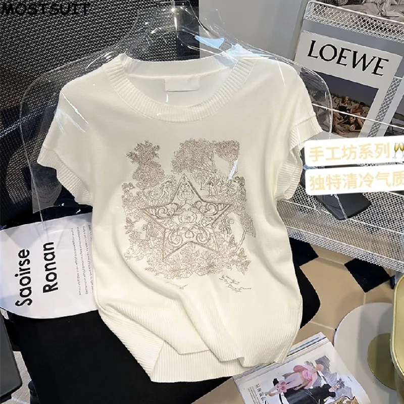

Summer Embroidery Korean Knit Sweater Vest Women Vintage Sleeveless O-neck Knitwear Tops Elegant Ladies Sweaters Jumpers 2024