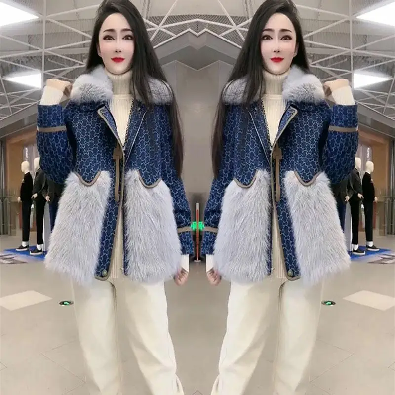 

Womens Winter Denim Jacket Oversize Large Patchwork Faux Fur Coat Leather Skin Women's Fur Coat Thick Warm Bomber Jean Coats