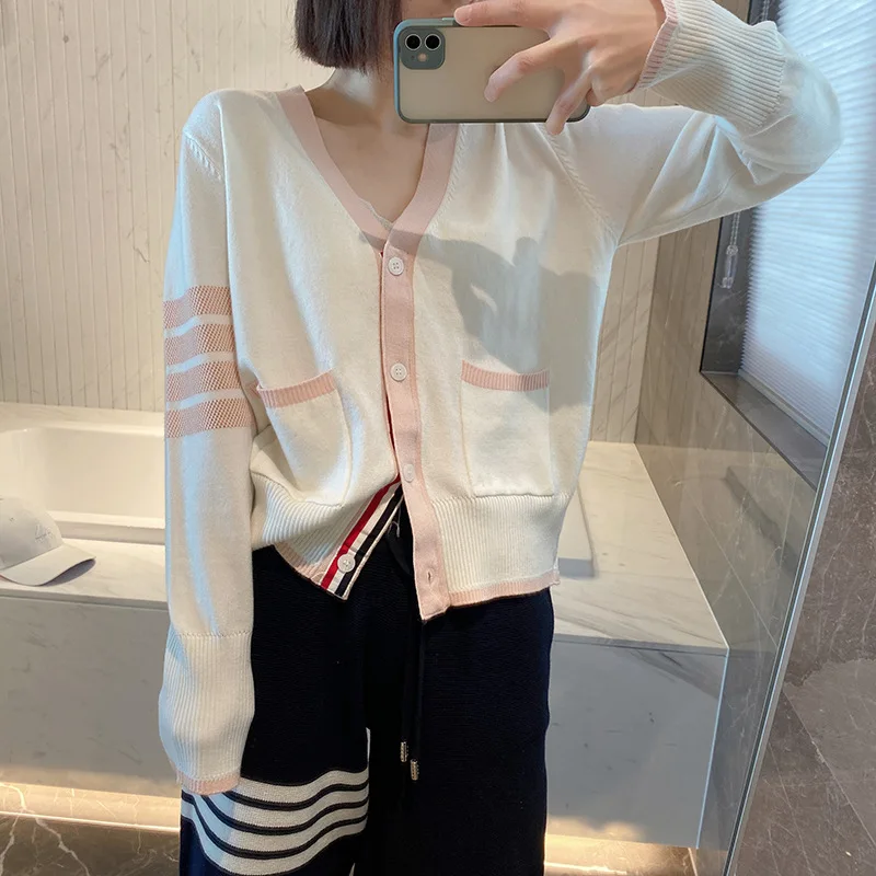 

2022TB Spring and Summer New Strawberry Pie Wool Pink and White Contrast Fresh V-neck Single-breasted Knitted Cardigan Jacket