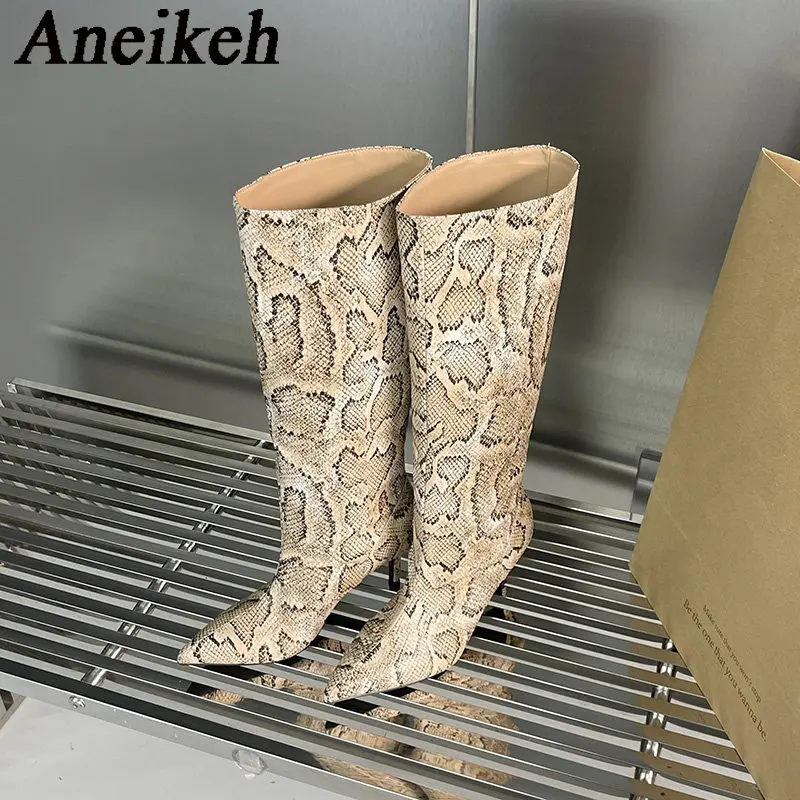 

Aneikeh 2023 Trendy Sexy Women's Knee Length Stiletto Boots Spring/ Autumn PU PythonPattern Pointed Roman Style Thimble Boots