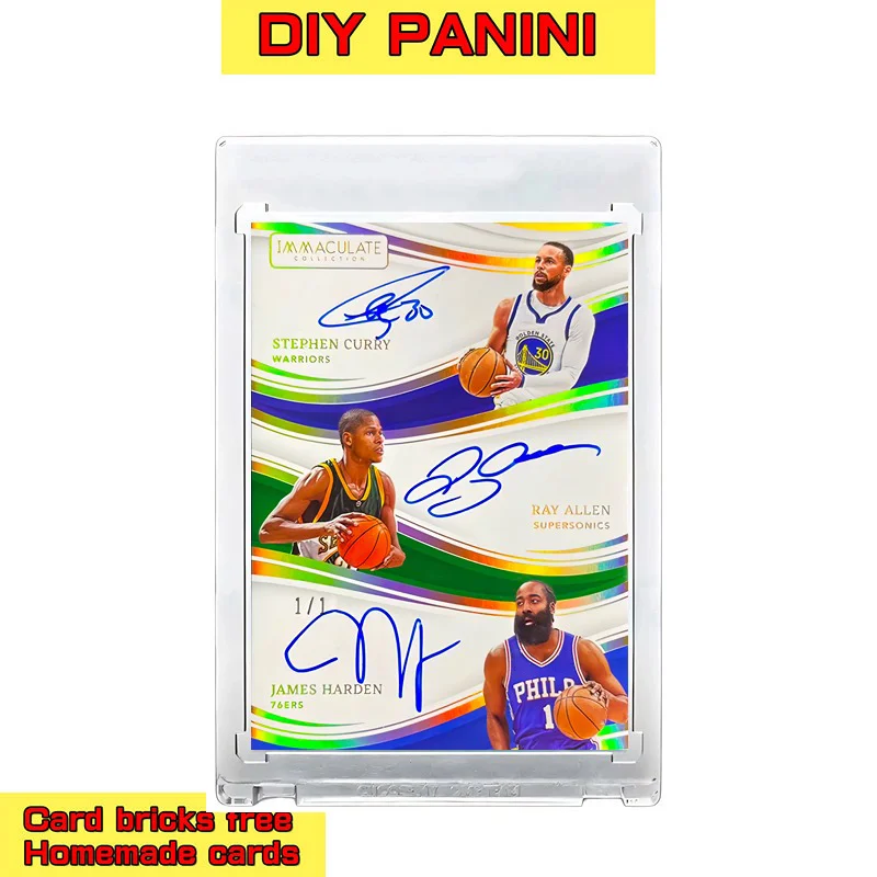 Curry&Harden&Ray Allen NBA star card DIY homemade Trible Signatures flash card refractive sending brick Three points
