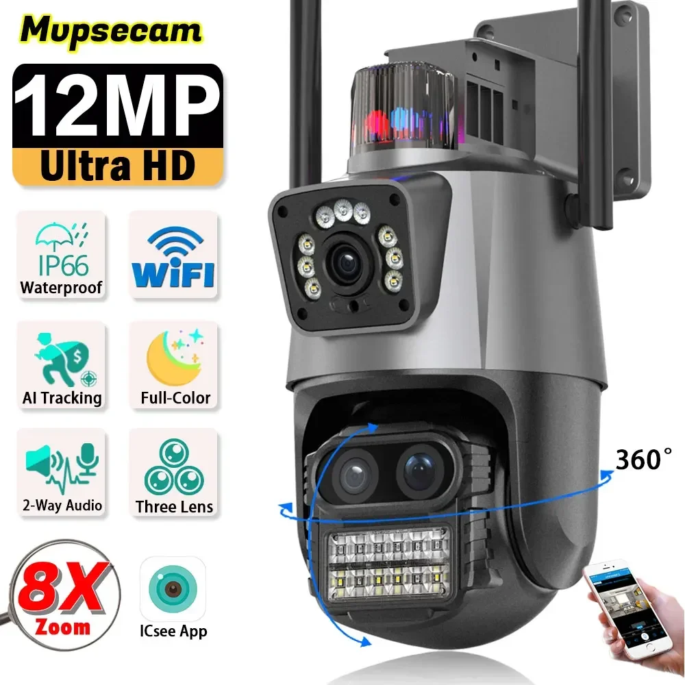 

12MP 6K PTZ IP Camera 8x Zoom Three-Lens Auto Human Tracking CCTV Camera Smart Home Outdoor Wifi Surveillance Camera ICSEE APP