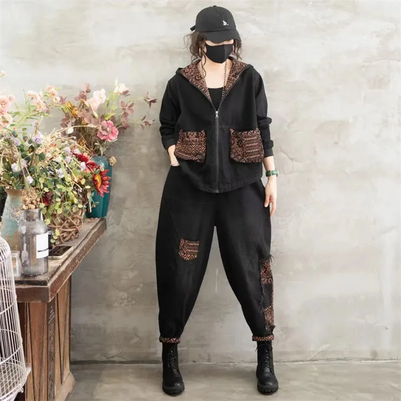 Single/Suit Jeans Suits 2023 Autumn New Korean Loose Jean Jacket Hooded+Jeans Sets Female Literary Retro Two Suits Cotton Female