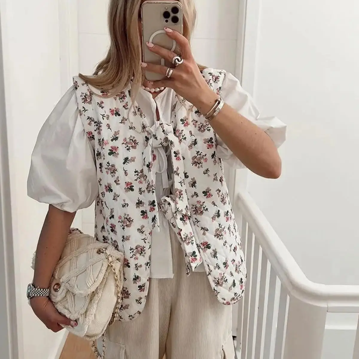 Women Fashion Flower Printed Lace Up Vest Loose V Neck Sleeveless Short Waistcoat 2024 Autumn Spring Lady Basic Streetwear Tops