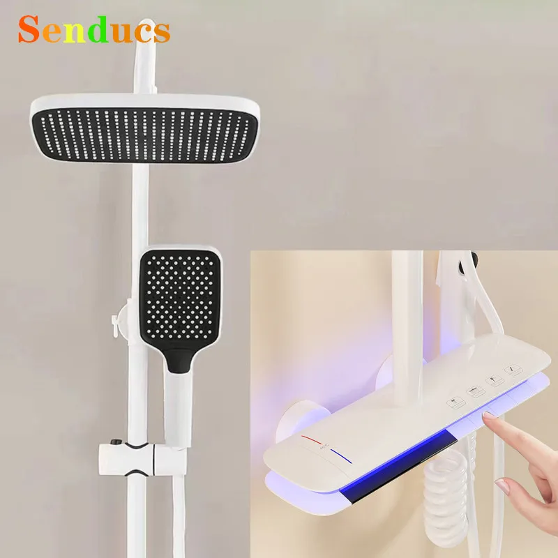 เปียโนสีขาวดิจิตอลห้องน้ําระบบ 12 นิ้วหัวฝักบัวอาบน้ําแสงโดยรอบร้อนเย็นดิจิตอลอาบน้ําก๊อกน้ําชุด 1