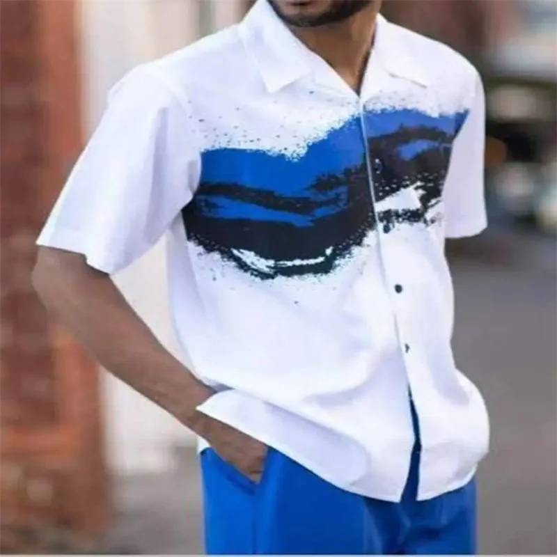 2023 men's short-sleeved shirt+suit pants two-piece street outdoor casual printing V-neck single-breasted shirt walking suit 4XL