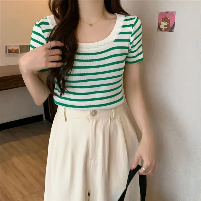 여성용 프렌치 스타일 칼라 티셔츠, 크롭 락본 탑, 블랙 화이트 스트라이프, 스퀘어 칼라 소매, 감각적인 니치, 여름