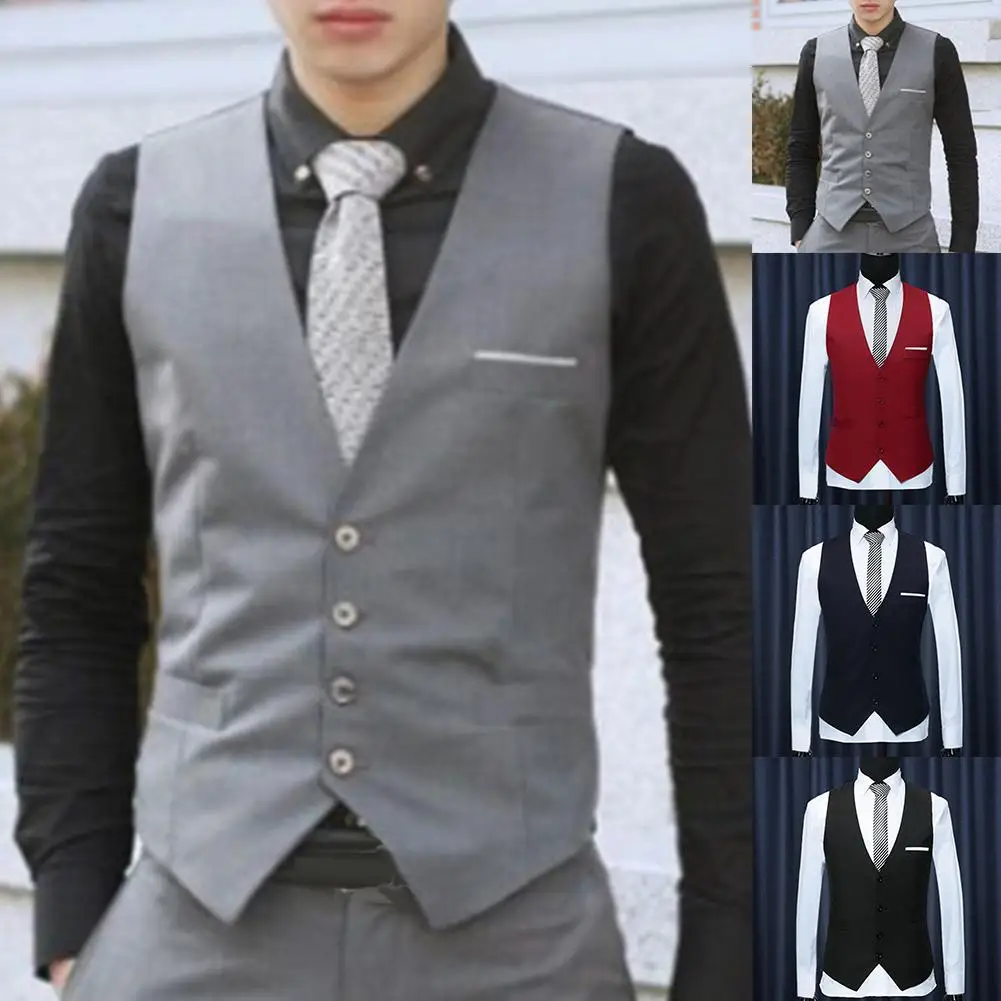 

Fashion Men Vests Waistcoat Solid Color V Neck Sleeveless Buttons Blazer Plus Size Formal Business Jacket Vests