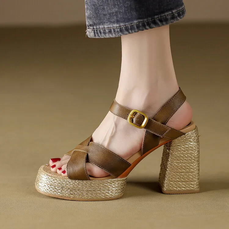 

Vintage Brown Leather Women Casual Sandals Platform Chic Design Summer Shoes Square High Heels Prom Khaki Sandalias Femininos