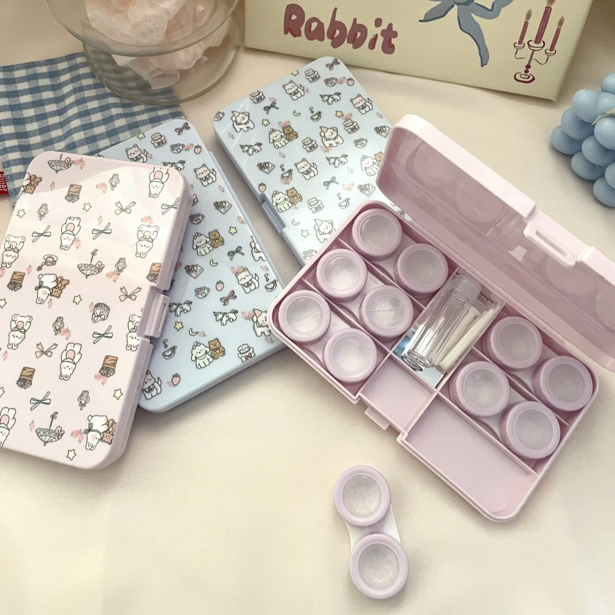 꽃무늬 강아지 프린트 콘택트 렌즈 상자(거울 및 핀셋 포함) 휴대용 여행 동반자 케어 박스 콘택트 렌즈 케이스 6쌍 세트