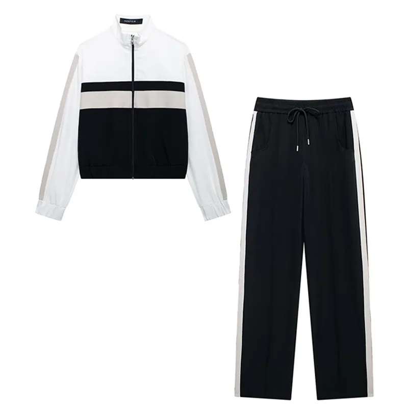 thumbnail image 1 of HH TRAF 2024 Conjunto de mujer de cuello alto, chaqueta de manga larga con cremallera y pantalón de cintura alta con cordón elástico, traje de otoño para mujer a la moda, 1 of 5