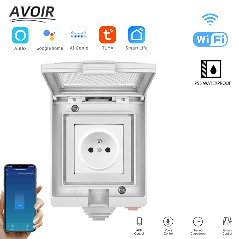 Avoir Tuya Soquetes de Energia Inteligente fr Padrão Plug Ip55 à Prova Impermeável Água Tomada ao ar Livre Funciona com Alexa Google Casa Tomada Inteligente Tomada Inteligente Wifi Tomada Wifi Casa Inteligente