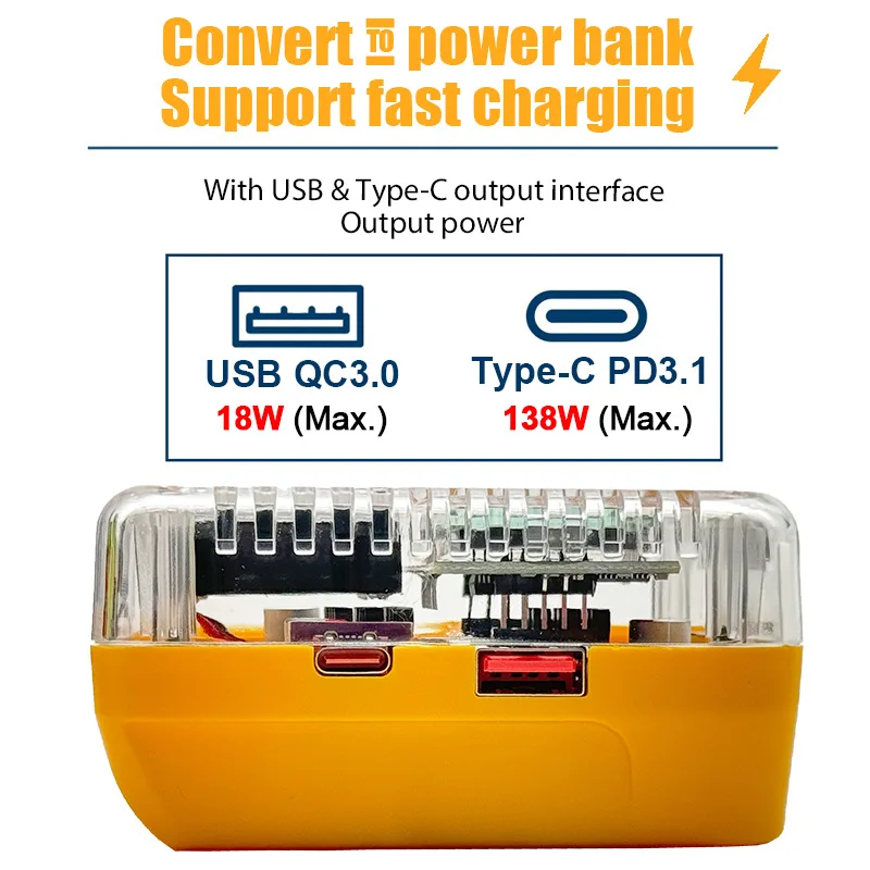 Lithium Battery Case Adapter Converter For Makita 18V 21V For DeWalt 20V Charger USB Type-C Power Bank Max138W