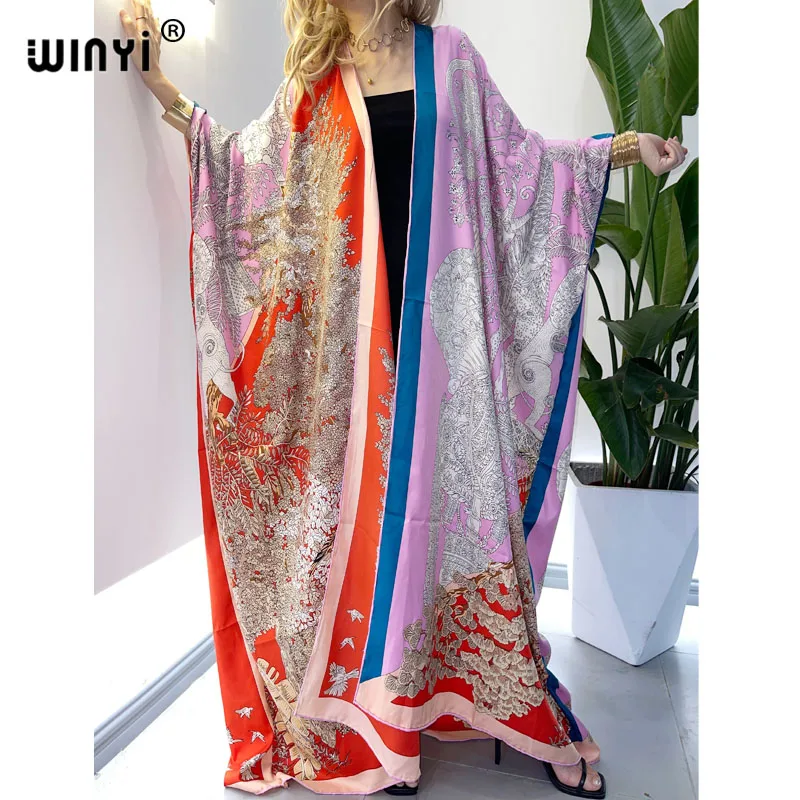 

WINYI Europe Middle East kimono Women Cardigan stitch kimono Cocktail sexcy Boho Maxi African Holiday Batwing Sleeve Silk Robe