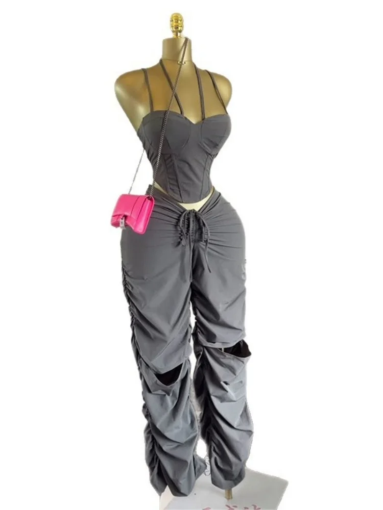 Wmstar Two Piece Set Women Wholesale Sweet Fresh Summer 2025 Wear Featuring A Halter Top High Waisted Ripped Casual Pants