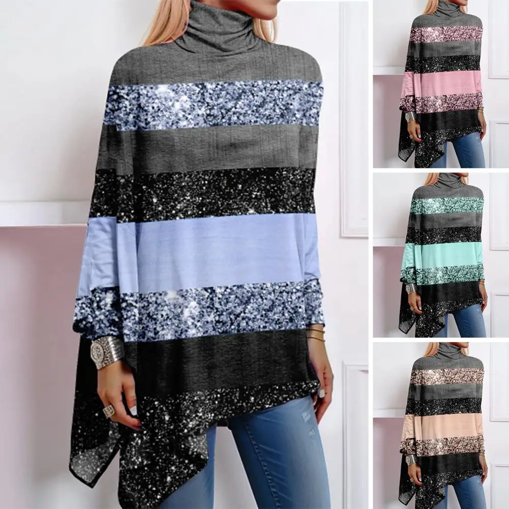 Loose Fit Printed T-shirt Sequin Colorblock High Collar Blouse for Women Stylish Fall Spring Top with Irregular Hem Long Sleeve