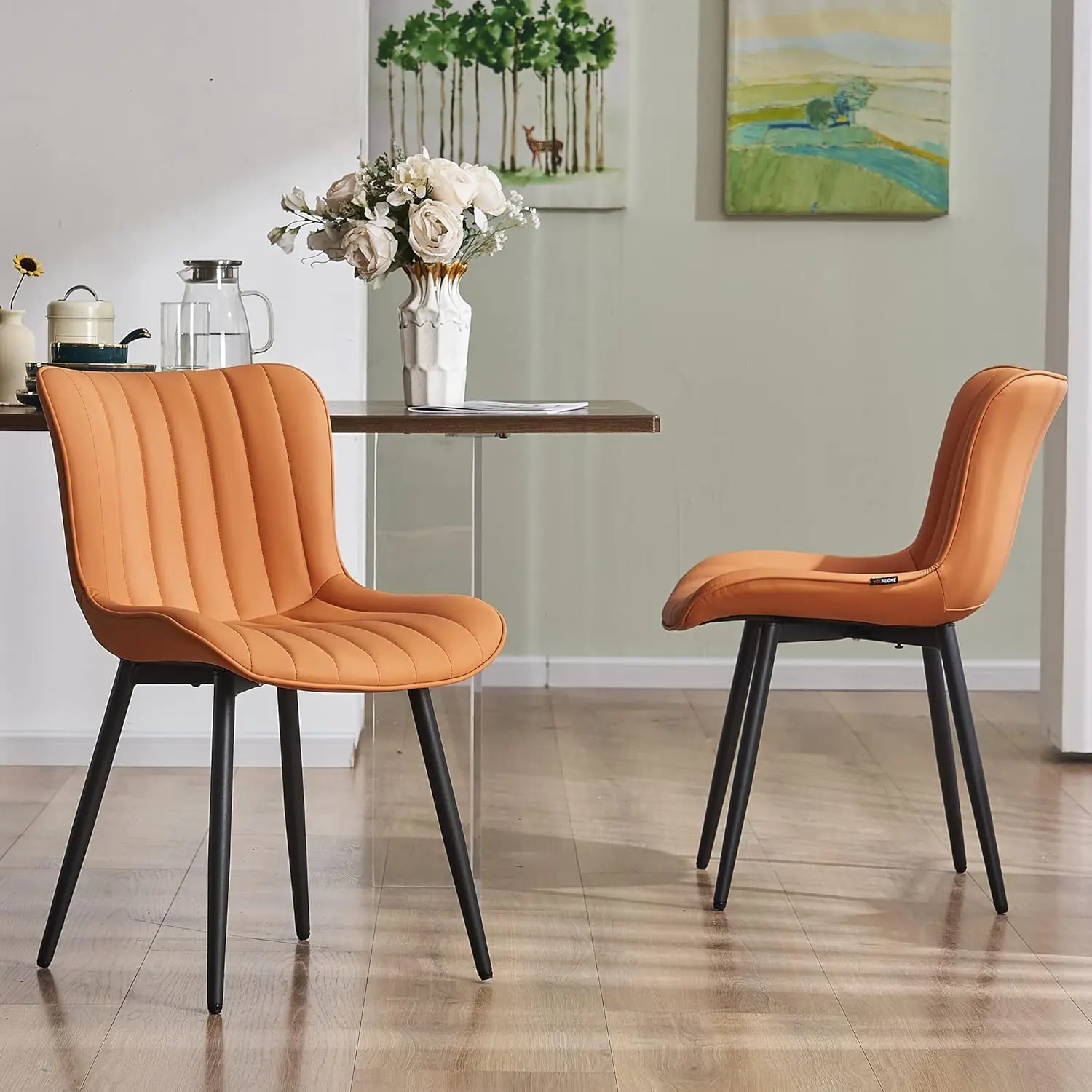

YOUNUOKE Camel Dining Chairs Set of 2 Upholstered Mid Century Kitchen Chairs Armless Faux Leather Modern Side Chair