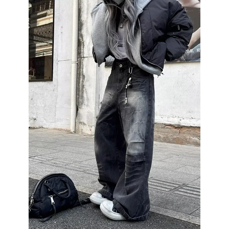 Street clothing hip-hop crack pattern washing old jeans for women vintage popular versatile new design feel loose wide-leg pants 2