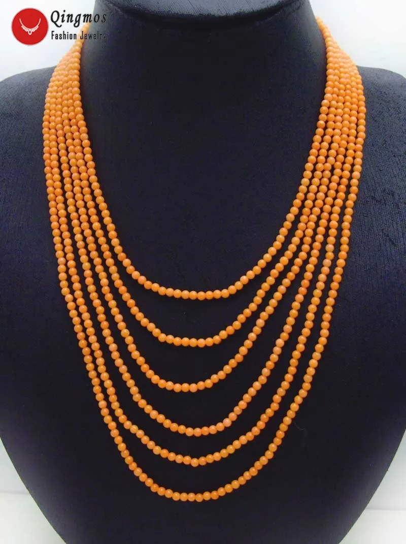 

Qingmos Fashion 3-4mm Round Natural Orange Coral Necklace for Women with Genuine Stone Chokers 6 Strands 18-25"