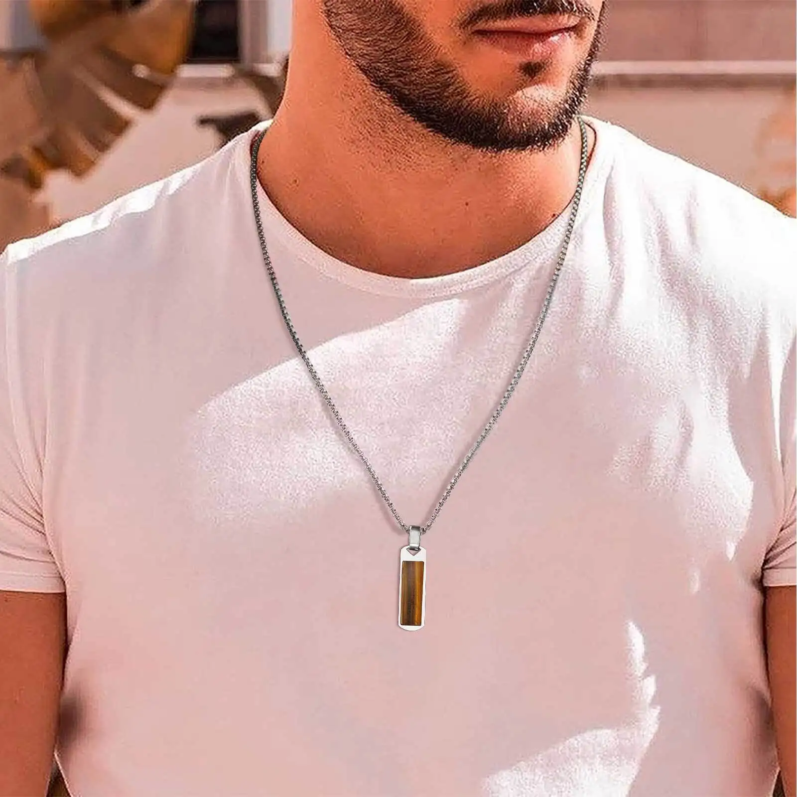 Vnox Geometric Rectangle Pendant Necklace for Men, Tiger Eye Stone Vertical  Bar Stainless Steel Box Chain Necklaces, Party Gifts - AliExpress