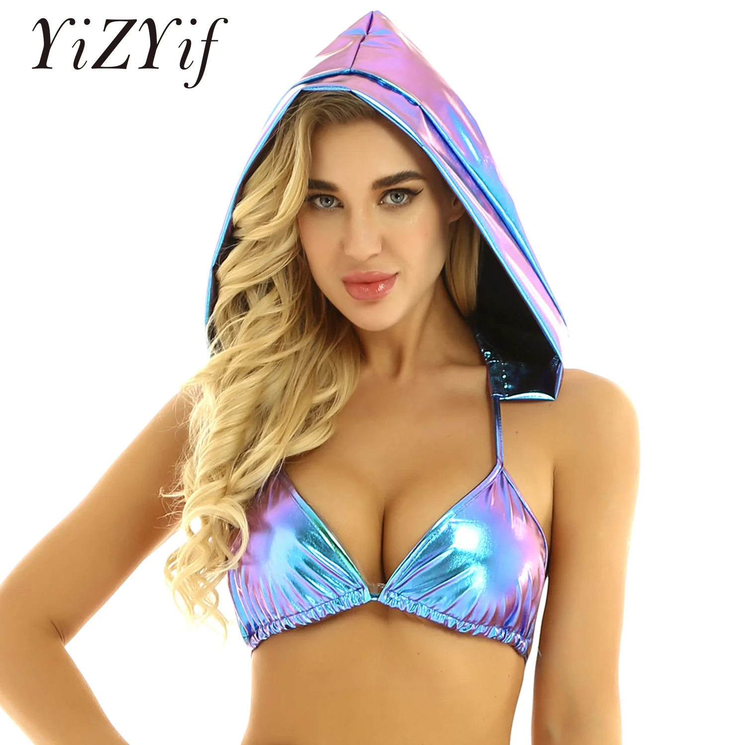 Women Holographic Hooded Crop Top Wetlook Shiny Metallic Backless