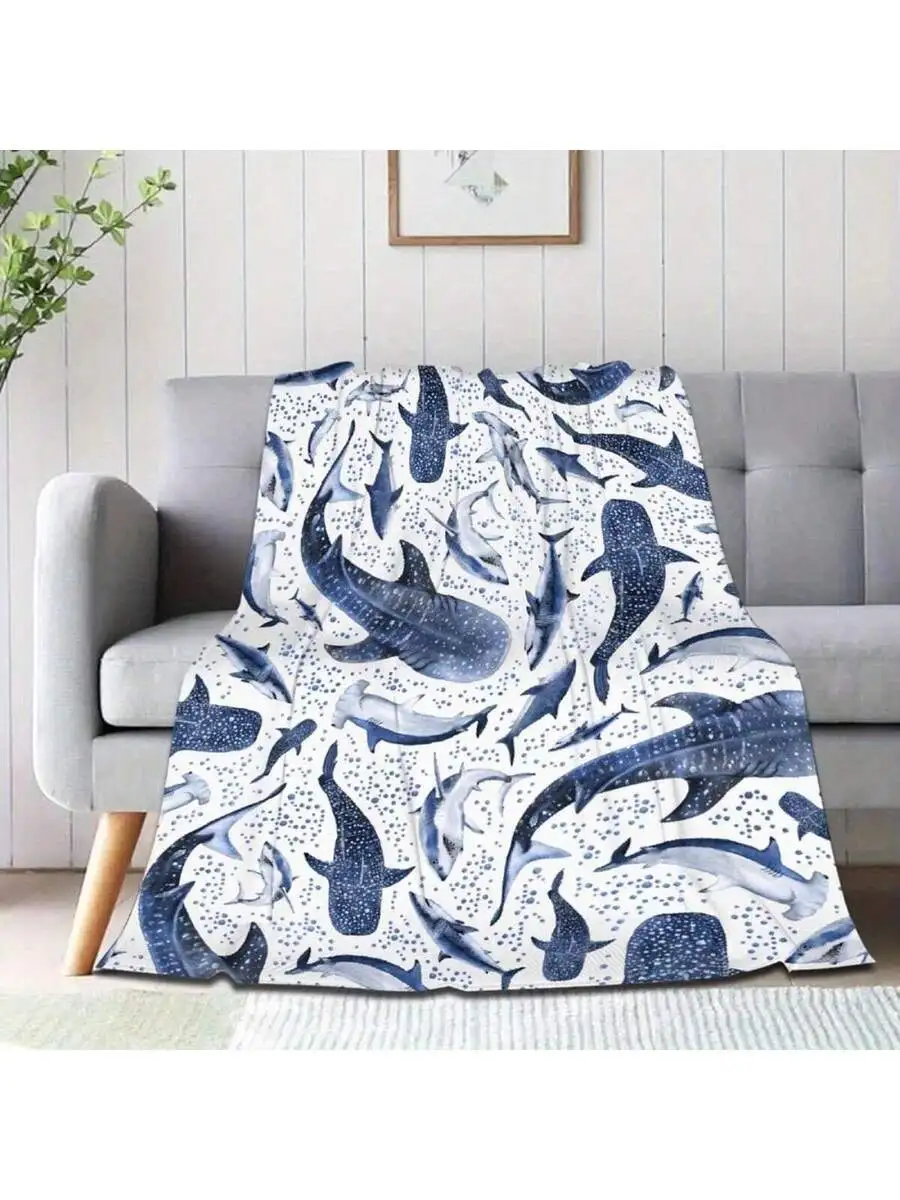 Cozy Ocean Shark Flannel Throw Blanket, Blue White Whale Print 280g/Sq.M Soft Warm Lightweight for Bed Sofa, Machine Washable