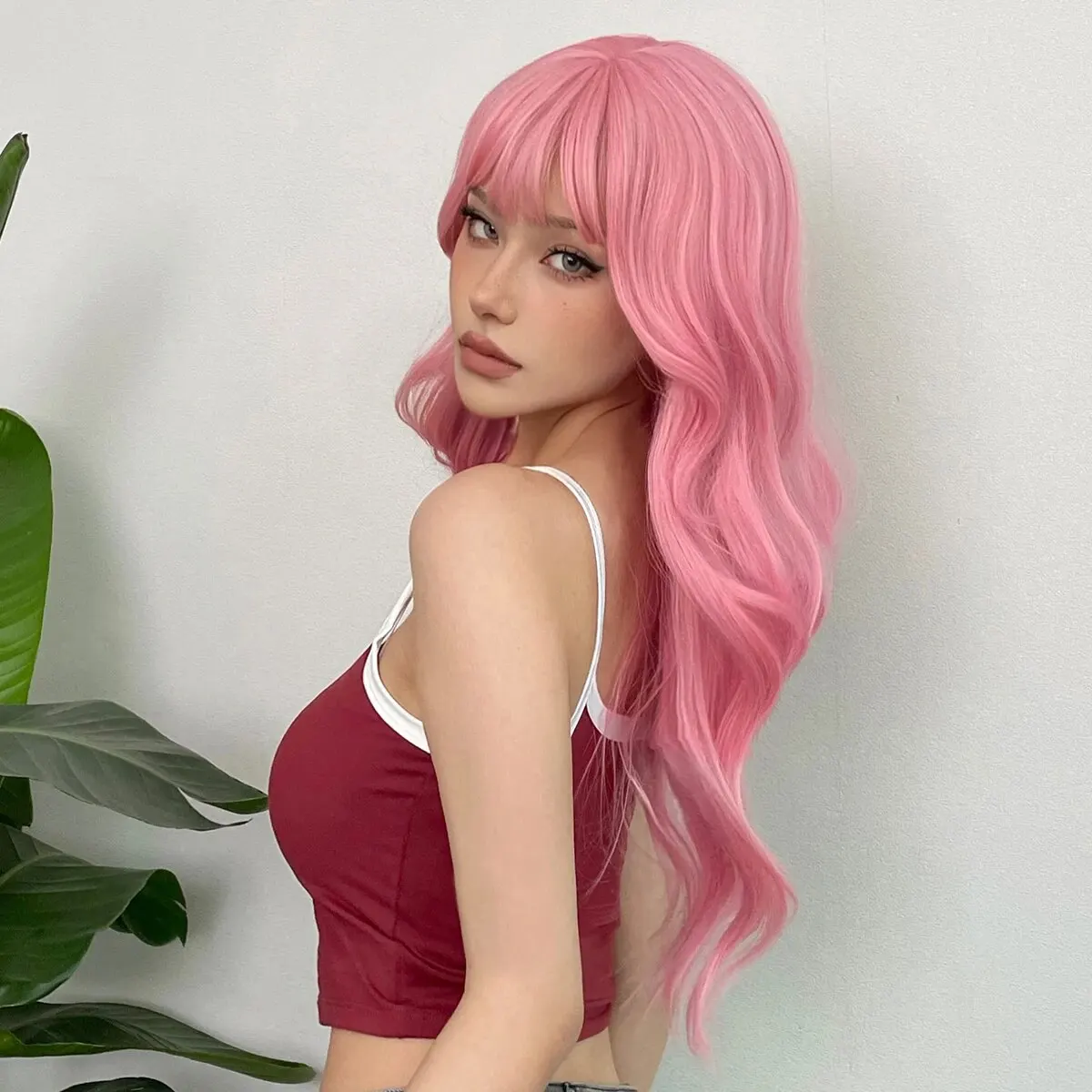 Light Pink Synthetic Hair Wigs Long Wavy Natural Hair Wigs with Bangs for Women Cosplay Lolita Wig Heat Resistant_voghion.com