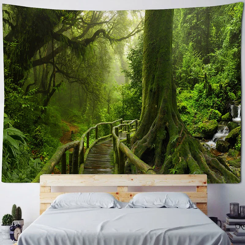 Green jungle tapestry beautiful natural forest large wall hanging hippie bohemian mandala wall art home decoration 8 sizes