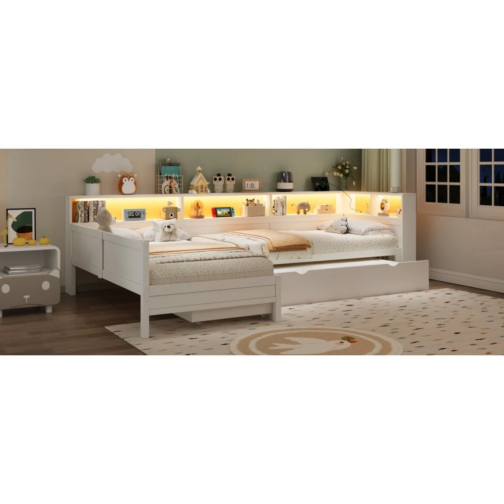 90 x 200 cm großes modernes L-förmiges Plattformbett aus Holz mit ausziehbarem Bett und Schublade, 5 Ablagefächern, Steckdosen und USB-C-Anschluss – Detail 15