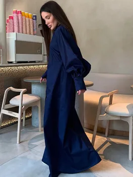 Abito lungo monopetto elegante solido Abito lungo da donna con maniche a lanterna alla moda Abiti lunghi da donna larghi 2025 Abiti casual chic estivi