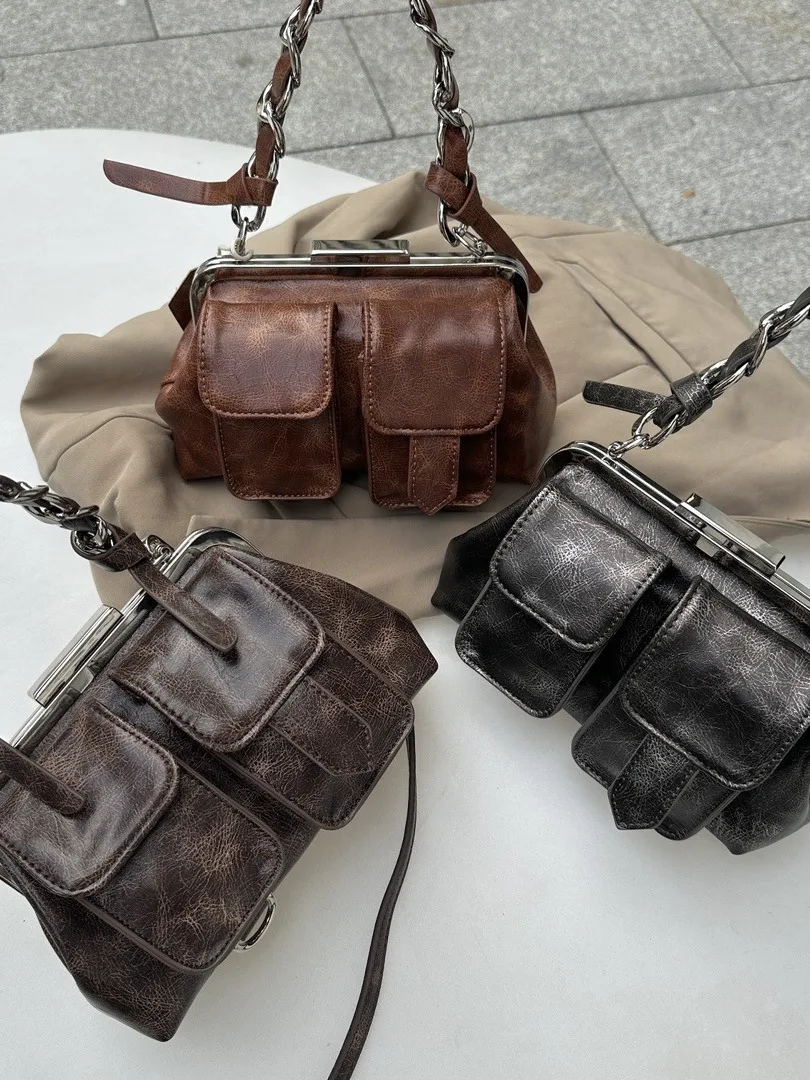 

FIRMRANCH Classic Vintage Woven Chain Clip Handbag For Women's Fashion Versatile Straddle Bag Mini Chic Pouch PU Leather Purse