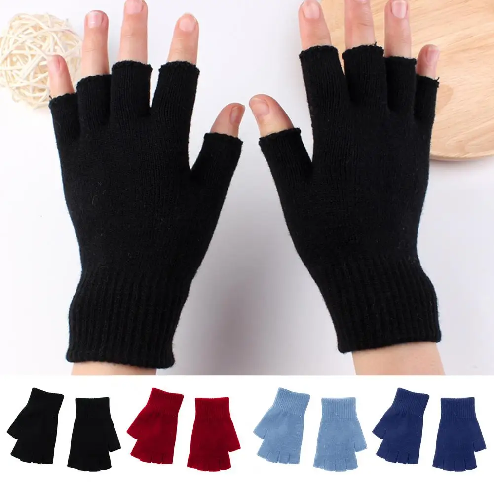 1 Pair Black Half Finger Gloves Women Men Woolen Yarn Knitting Gloves Solid Color Elastic Warm Riding Sport Workout Mittens