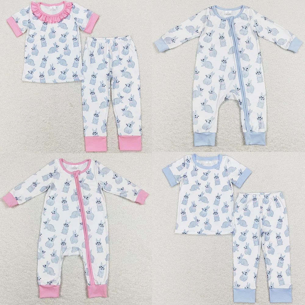 Boutique Kids Sibling Pajamas Bunny Print Cute Easter Baby Girls Pajamas Match Infant Baby Romper Cute Boys Sleepwear Nightwear