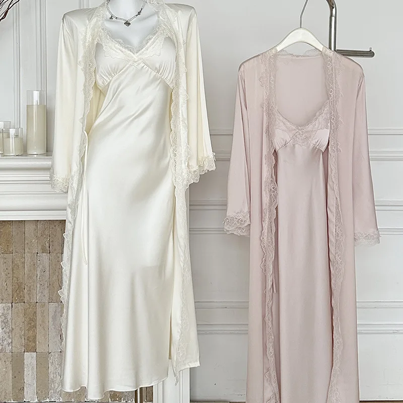 Female Long Robe Nightgown Set Sexy Lace Trim Sleepwear Suspender Nightdress Spring Summer Casual Satin Home Dress Bathrobe women sleepwear women dress