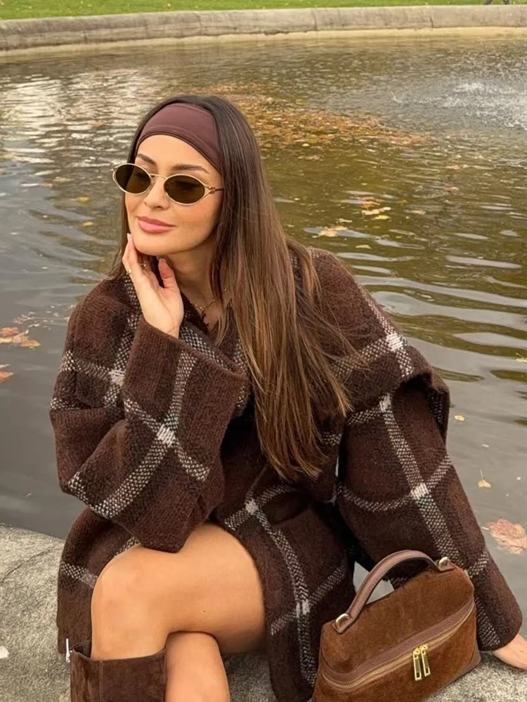 TFMLN New Women Fashion Plaid Knitted Cardigans Coat  Autumn Winter Long Sleeve Scarf Collar Sweater Warm Style Knitwear