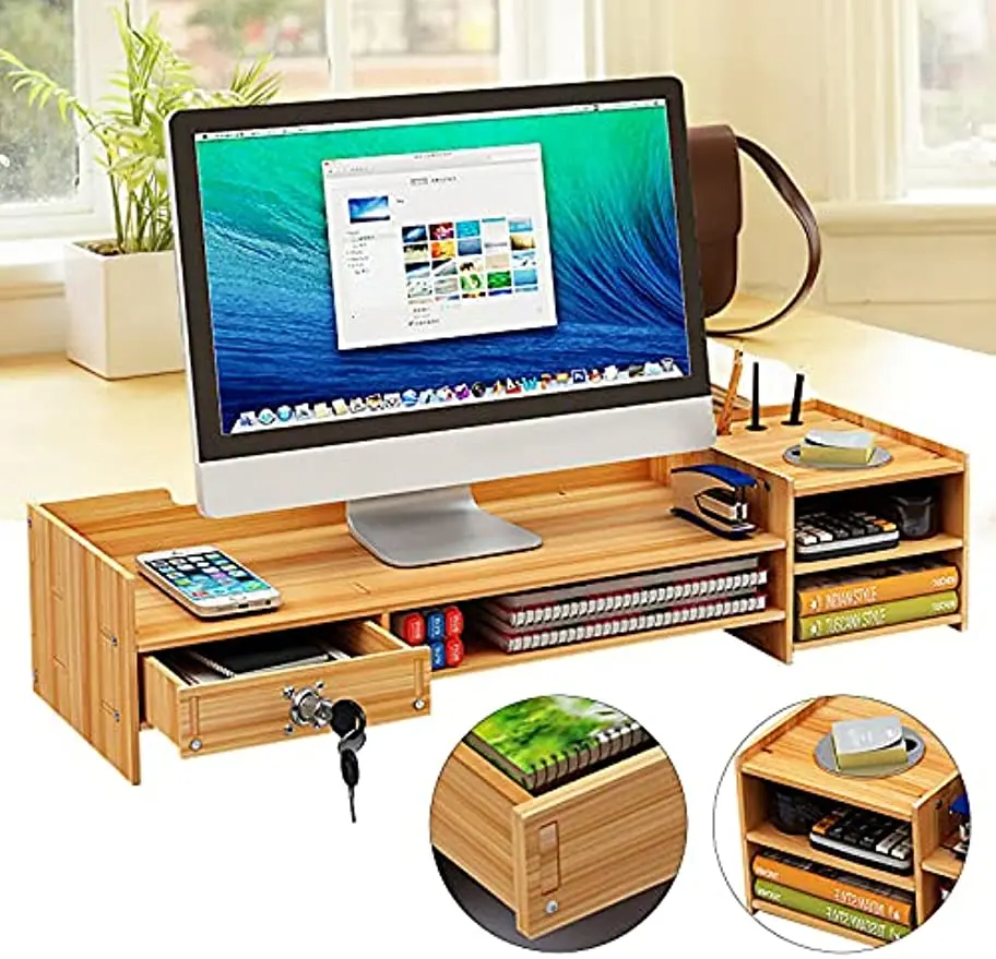 

Monitor Stand Riser Desk Organize Laptop W/ Drawers Desktop Storage Organizer For Computer Printer Cellphone