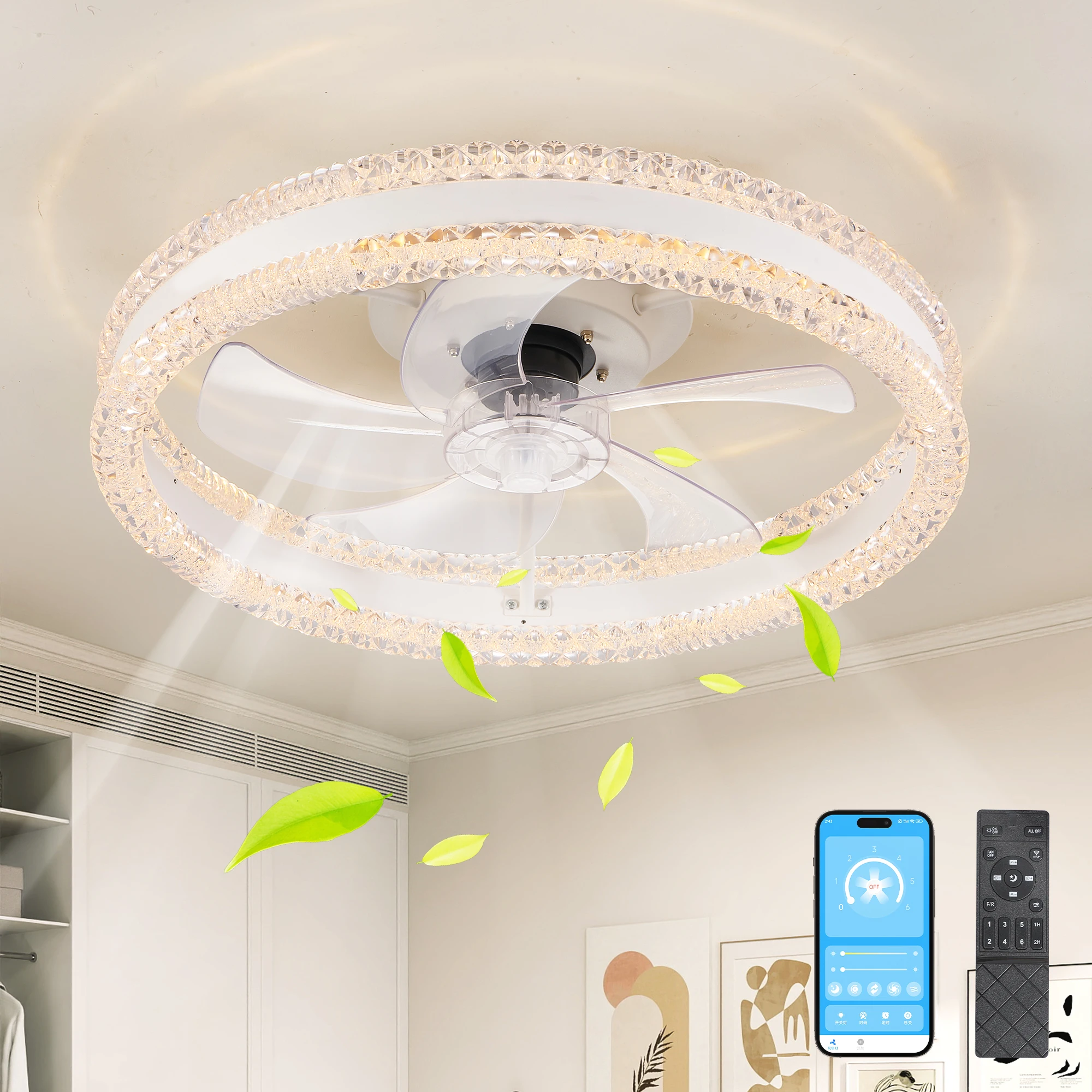 20" Luxury Double Ring LED Ceiling Fan with Light Modern Flush Mount Design Dimmable Lighting Low Profile Silent Fan
