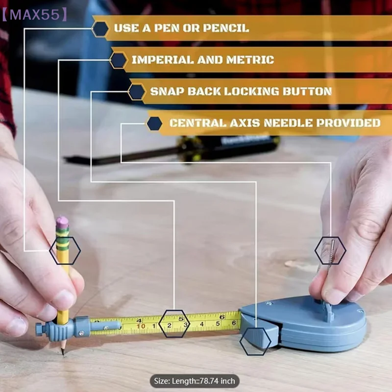 【MAX-55】2M 로테이프 줄자 나침반(연필심 10개 포함) 원형 및 선 그리기용 측정 빔 나침반 고정 가능 버튼