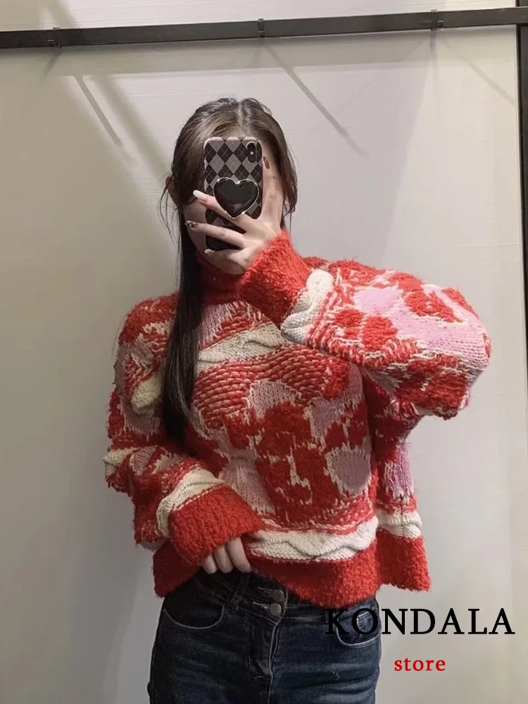 

KONDALA Vintage Print Red Loose Women Sweater Long Sleeve Autumn Casual Chic Knitwear Fashion 2022 Female All Match Pullover Top