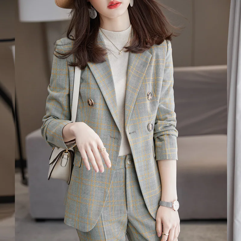 tesco fashion print women suit 2 piece mid length belt blazer straight leg pants casual set for female clothes ropa de mujer Tesco Plaid Female Blazer Suit British Style 2 Pieces Set For Elegant Lady Fashion Casual Jacket Outfits For Party blazer mujer