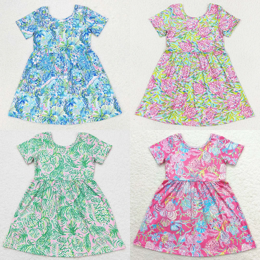 NEW Fashion Kids Designer Clothes Girls Flower Short Sleeve Knee Length Dresses Boutique Baby Girls Dress Children Clothing Hot