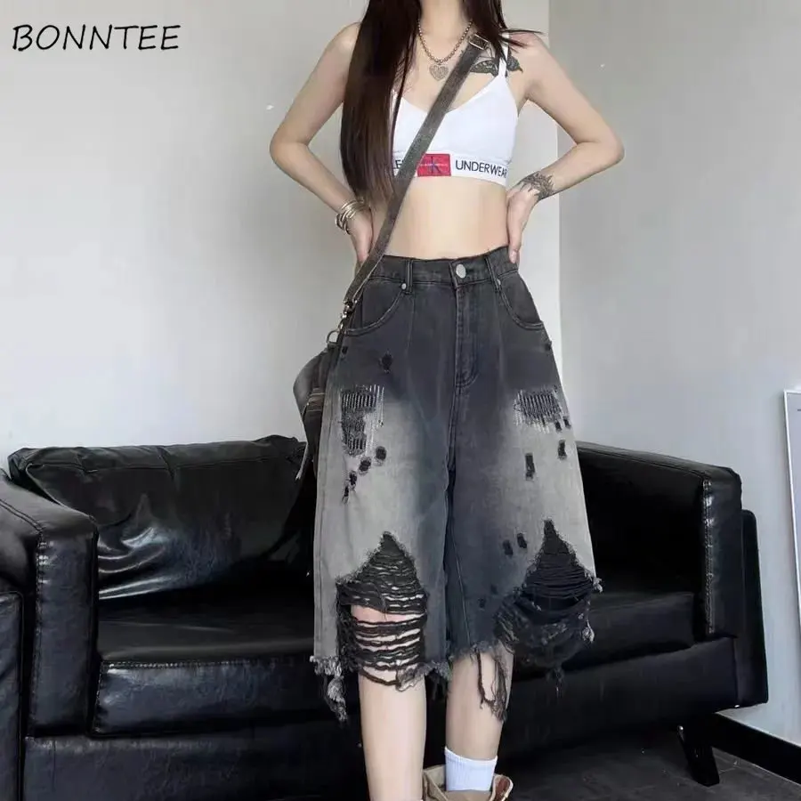 

Jeans Women Washed Gradient Ripped Hole American High Street Fashion Vintage Do Old Wide Leg Trousers All-match Vaqueros Mujer