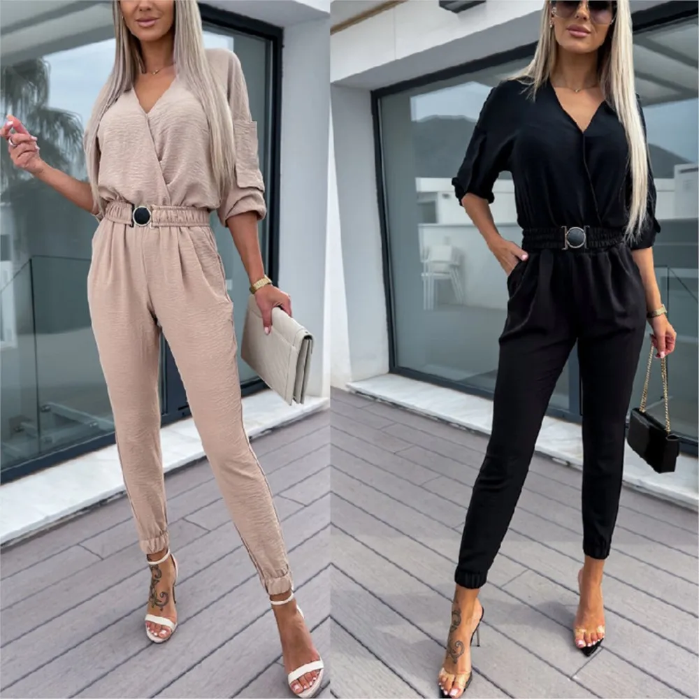 2023Autumn Casual Jumpsuits Women Fashion Elastic Belt Slim Long Sleeve Pocket V-neck Pencil Romper Black Khaki Holiday Jumpsuit