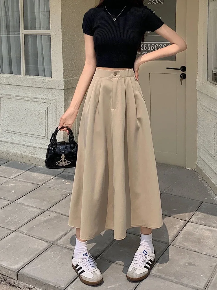 

Summer 2023 New Mid-Length High Waist A Word Umbrella Skirt Slimming Pleated Skirt Female Temperament Casual Skirt