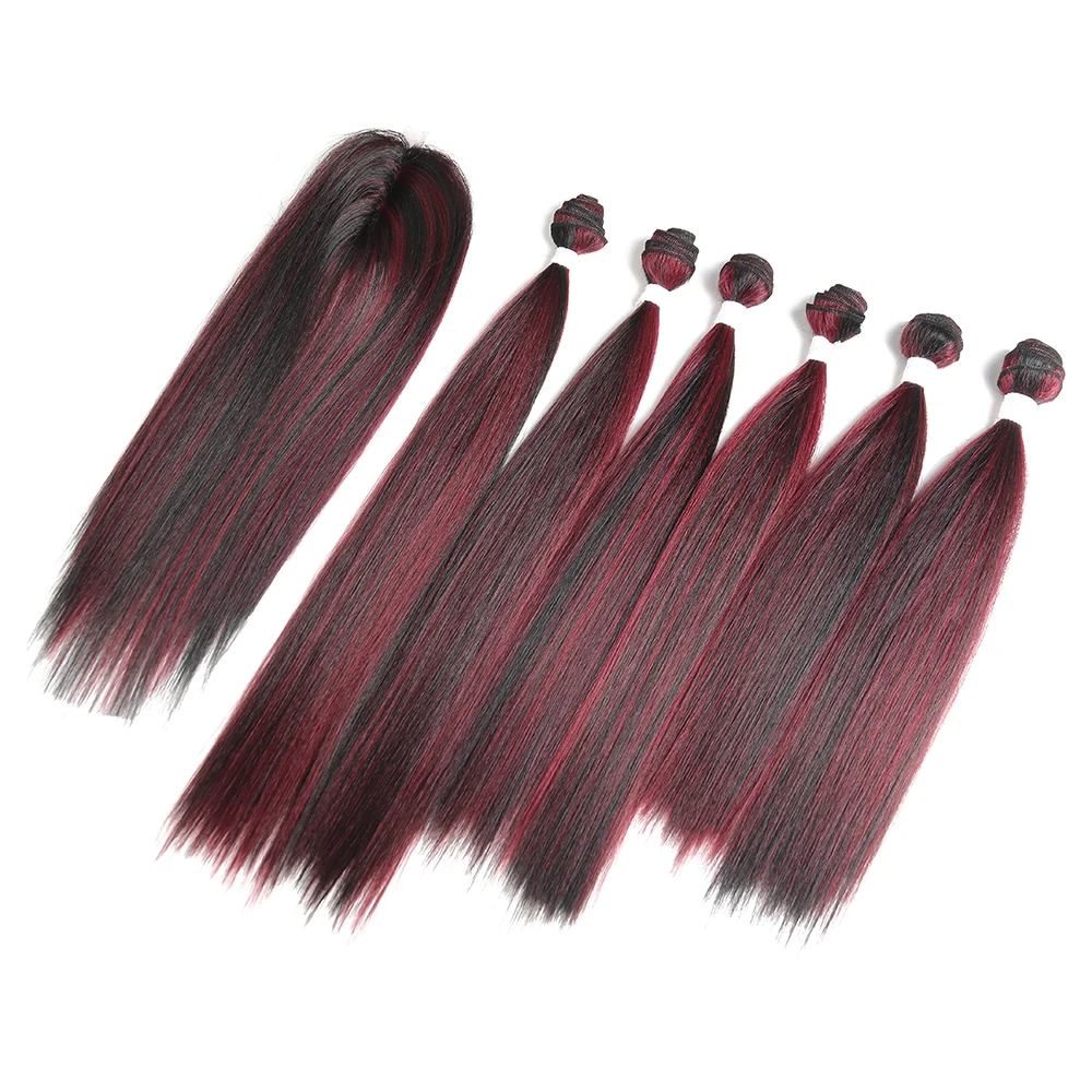Synthetic Hair Extensions 6 Bundles Hair Weaving with Free Closure Synthetic Hair Extension Weave 14 16 18 inch Ombre Brown Highlight Heat Resistant