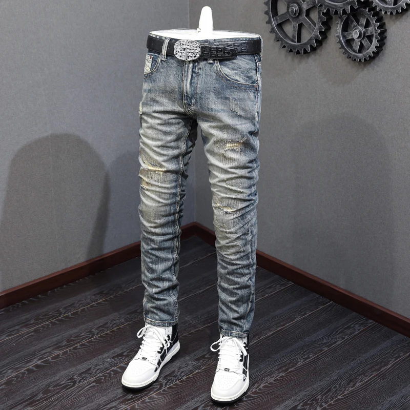 High Street Fashion Men Jeans Retro Washed High Quality Destroyed Patched Ripped Jeans Men Slim Fit Vintage Designer Pants Homme