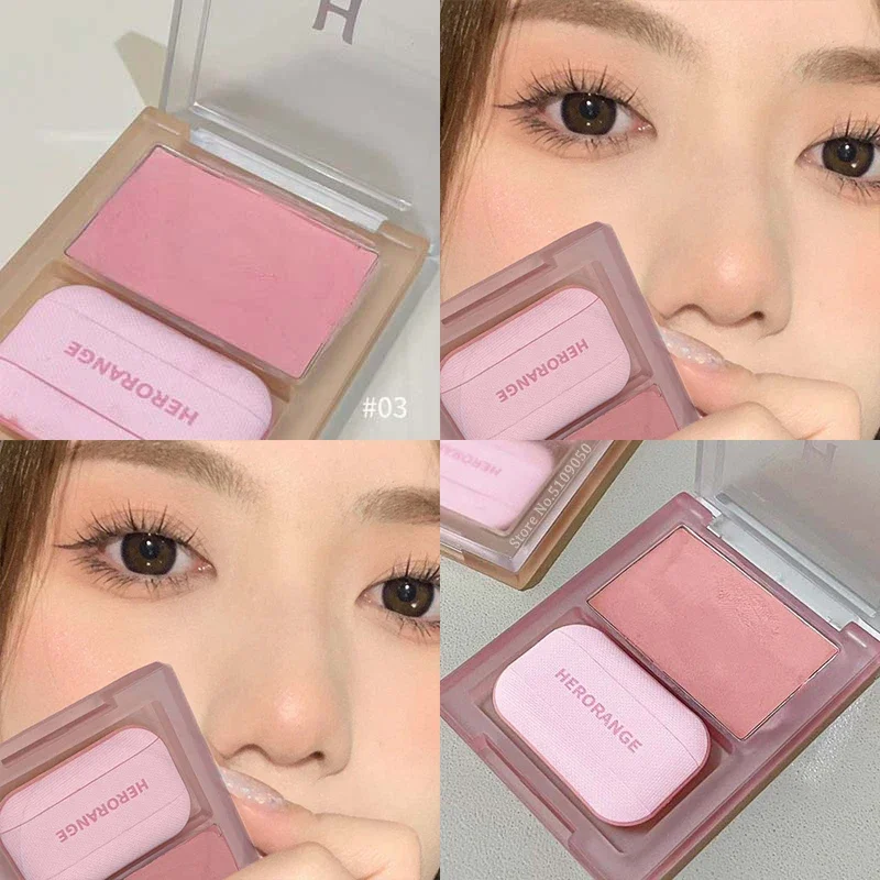 Pink Purple Mist Blusher Cream With Puff Matte Brighten Cheek Enhance Complexion Face Contouring Shadow Rouge Mud Makeup 3