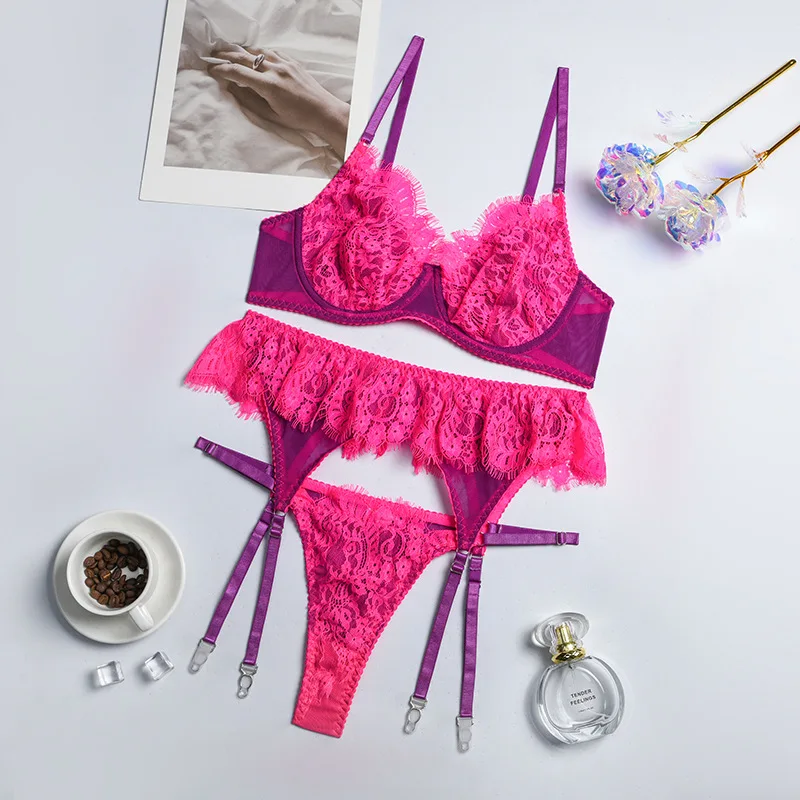 Blue Pink 2-Piece Lace Bra Set Vintage Erotic Set Patchwork Brief Kit  Transparent Women Contrast